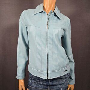 Y2K Moto Cafe Racer Jacket Size S Light Blue Faux Leather Full Zip 2000s